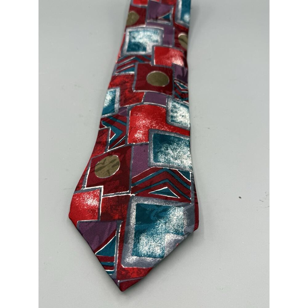Vintage Rooster Western Silk Tie Geometric Abstract Red Teal Made USA 90s